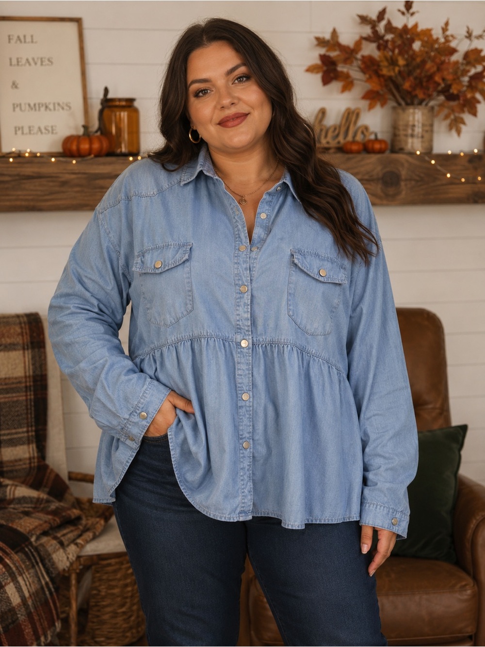 Heyson Women’s Plus Size 2X Chambray Peplum Button Front Shirt Blue